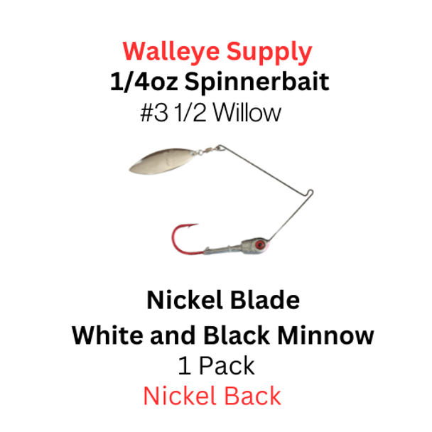 Northland Fishing Tackle 1/4 oz Reed runner Spinnerbait:  White and black minnow with a size 3 1/2 Nickel willow blade. With a red and black eyeball. 