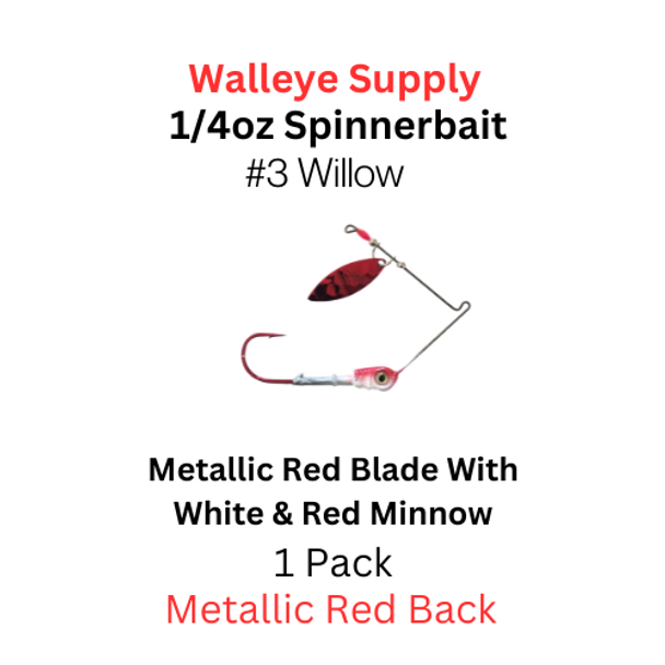 Northland Fishing Tackle 1/4 oz Reed runner Spinnerbait:  White and red minnow with a metallic red #3 willow blade 