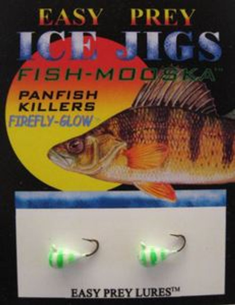 ICE FISHING JIGS #12 ICE MOOSKA WHT/GREEN GLOW TIGER/EASY PREY LURES