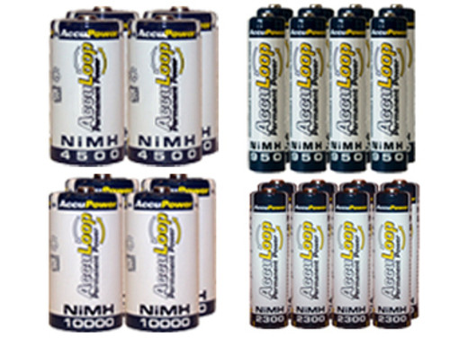 8 AA (2600 mAh) + 8 AAA (1100 mAh) + 4 C (4500 mAh) + 4 D (10000 mAh) NiMH AccuLoop Batteries