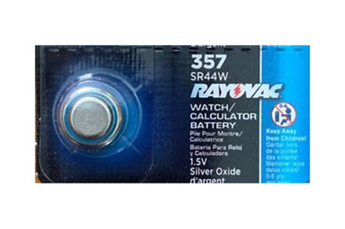 Rayovac 357 SR44W silver oxide button battery front view