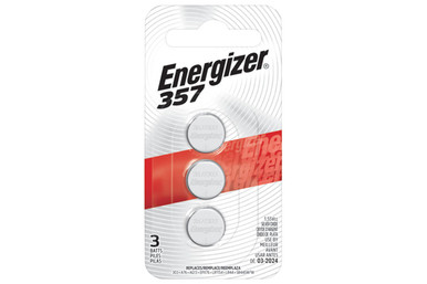 Three Energizer 303/357 silver oxide button batteries in packaging