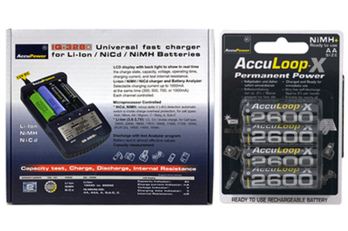 IQ-328 AA / AAA LCD Charger & 4 AA AccuPower AccuLoop-X Batteries (2600 mAh)