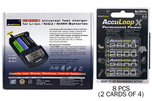 IQ-328 AA / AAA LCD Charger & 8 AA NiMH AccuPower AccuLoop-X Batteries (2600 mAh)