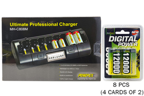 8 Bay LCD Charger + 8 D AccuPower NiMH Batteries (12000 mAh)