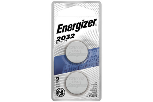 Energizer CR2032 3V lithium coin cell batteries 2-pack front view