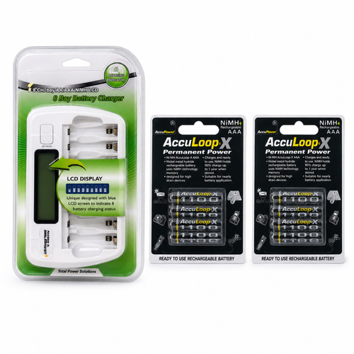 8 Bay AA / AAA LCD Battery Charger + 8 AAA 1100 mAh Acculoop-X NiMH Batteries