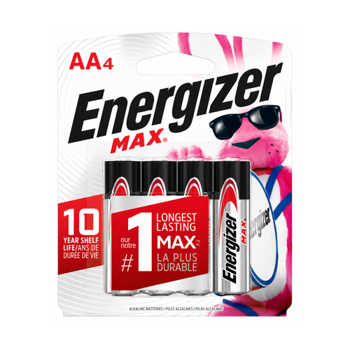 Front view of Energizer MAX E91BP-4 AA batteries 4-pack card