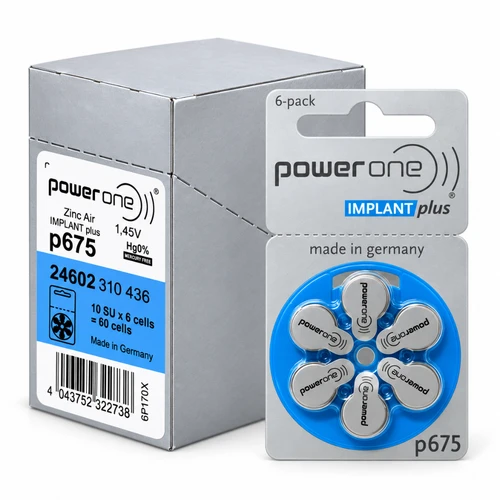 PowerOne Size 675 IMPLANT Plus 60-pack hearing aid batteries box