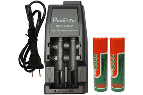 Li-Ion Charger (2 Slot) + 2 x 18650 3.6V Li-Ion Button Top Batteries (2300 mAh)