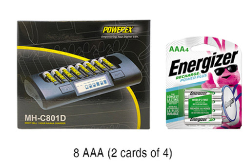 Powerex MH-C801D 8-Cell Charger & 8 AAA NiMH Energizer 800 mAh Batteries (Low Discharge)