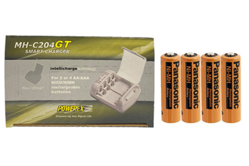 Powerex MH-C204GT AA / AAA Smart Battery Charger & 4 AA NiMH Panasonic 2000 mAh Rechargeable Batteries (Industrial Eneloop)