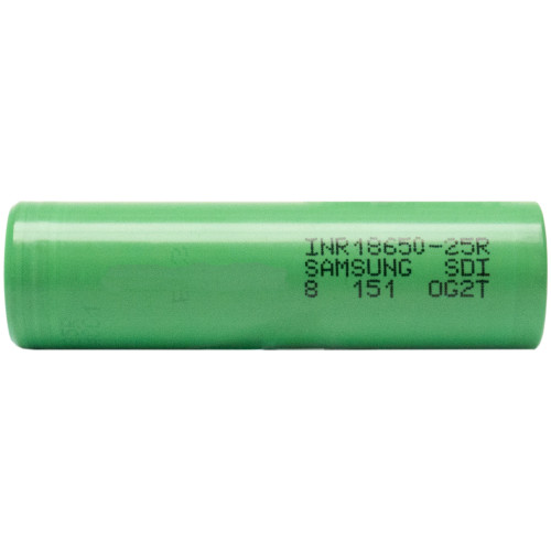 Samsung 25R 18650 battery showing flat terminals