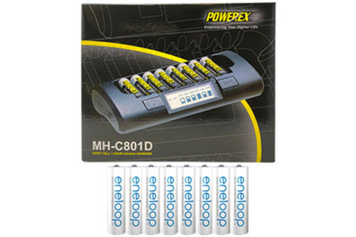 Powerex MH-C801D Eight Slot Smart Charger & 8 AA NiMH Panasonic (Sanyo) Eneloop Rechargeable Batteries (2000 mAh)