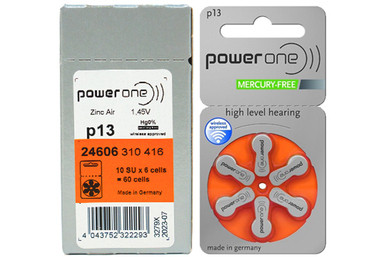 Box of PowerOne Size P13 hearing aid batteries with 60 pieces