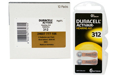 Duracell Size 312 Easy Tab hearing aid batteries 60-pack box