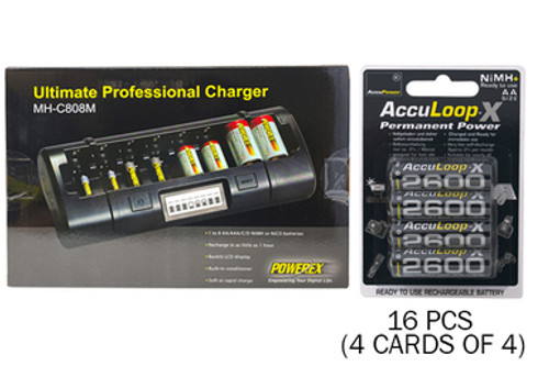 Powerex MH-C808M 8 Bay LCD Charger + 16 AA NiMH AccuPower AccuLoop-X Rechargeable Batteries (2600 mAh)