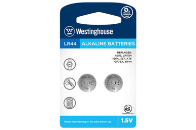 Westinghouse LR44 AG13 alkaline button batteries 2 pack on card