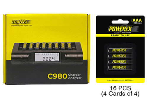 Powerex C980 Smart Charger & 16 AAA NiMH Powerex PRO Rechargeable Batteries (1000 mAh)