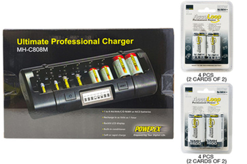 Powerex MH-C808M 8 Bay LCD Charger + 4 C (4500 mAh) + 4 D (8500) AccuLoop NiMH Batteries