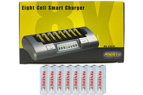 Powerex MH-C800S Eight Slot Smart Charger & 16 AA Tenergy NiMH Rechargeable Batteries (2500 mAh)