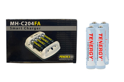 Powerex MH-C204FA AA / AAA Smart Battery Charger & 4  AAA Tenergy NiMH Rechargeable Batteries (1000 mAh)