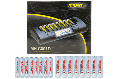 Powerex MH-C801D Eight Slot Smart Charger & 8 AA (2500 mAh) + 8 AAA (1000 mAh)Tenergy NiMH Rechargeable Batteries