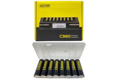 Powerex C980 charger with 8 AA NiMH batteries and battery case
