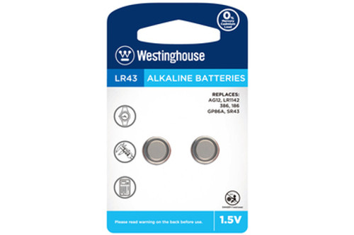 LR43 / AG12 Westinghouse Alkaline Button Batteries (2 Pack)