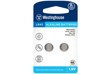 Westinghouse LR43 AG12 alkaline button batteries 2 pack on card