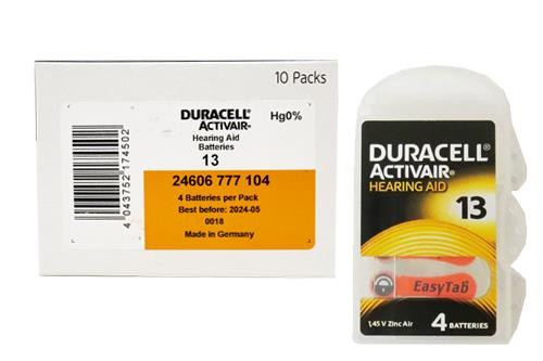 Duracell Activair Size 13 DA13 hearing aid batteries box front view