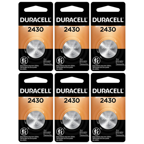 Pack of six Duracell CR2430 lithium batteries arranged side by side