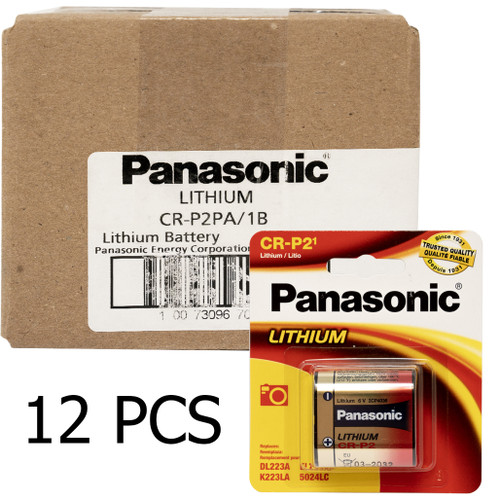 Front view of 12 Panasonic CRP2 (223A) 6V lithium batteries on card