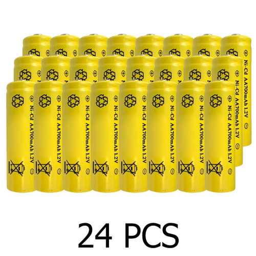 Power Portable AA NiCd batteries arranged in rows for charging