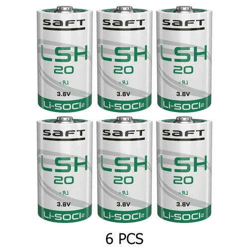 Front view of Saft LSH20 3.6V D lithium battery 6-pack