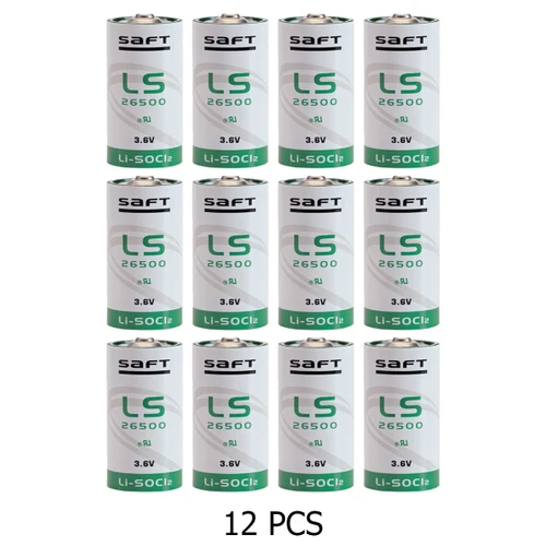 12 Saft LS26500 3.6V C lithium batteries neatly arranged