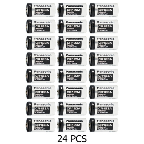 Panasonic CR123A 3 Volt lithium batteries arranged in a row