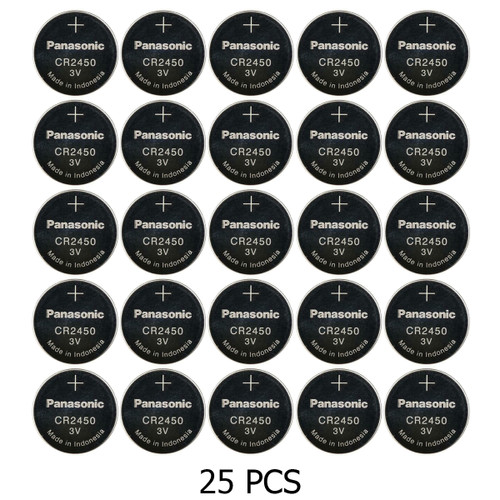 Close-up of Panasonic CR2450 3V coin battery front and back