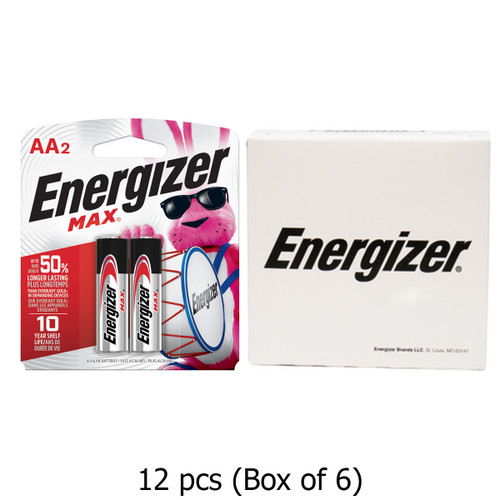 Six cards of 2 Energizer MAX AA alkaline batteries arranged on a table
