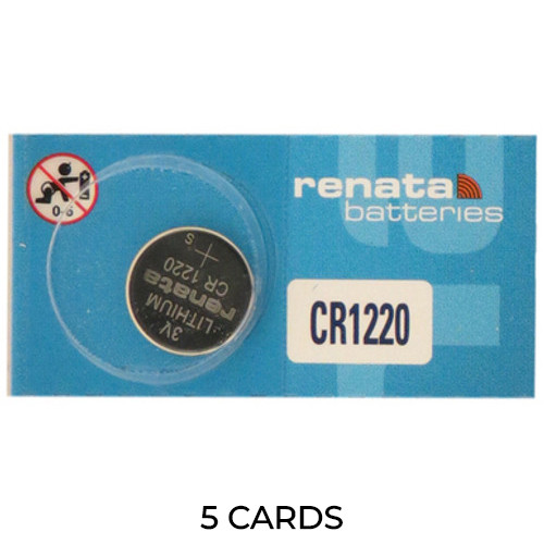 Renata CR1220 3V lithium coin cell batteries 5-pack packaging