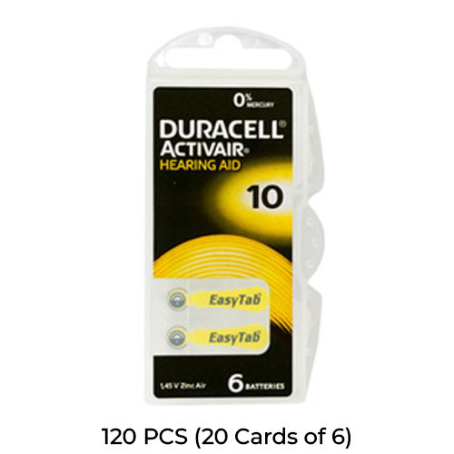 Duracell DA10 Easy Tab hearing aid batteries 120-pack front packaging