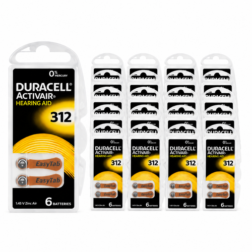 Stack of 20 Duracell DA312 hearing aid battery cards in one package