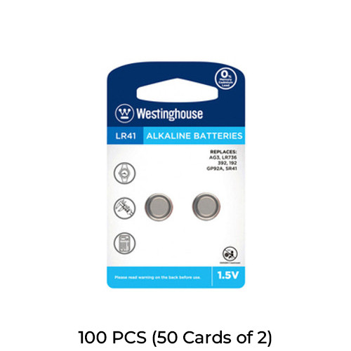 100-Pack LR41 / AG3 Westinghouse Alkaline Button Batteries (50 Cards of 2)