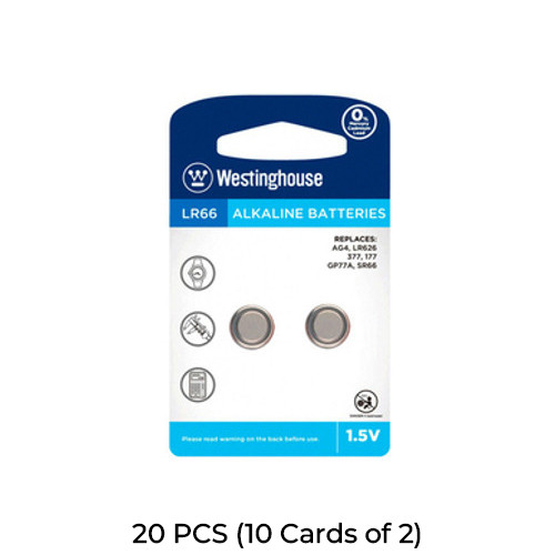 20-Pack LR66 / AG4 Westinghouse Alkaline Button Batteries (10 Cards of 2)