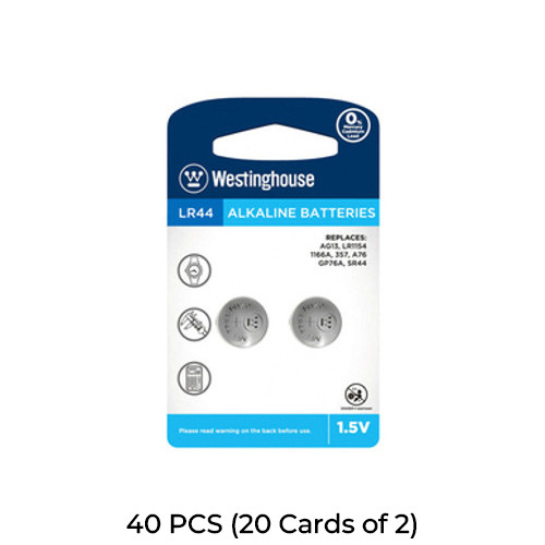 40-Pack LR44 / AG13 Westinghouse Alkaline Button Batteries (20 Cards of 2)