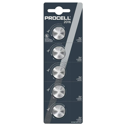 Front view of Duracell Procell CR2016 lithium coin cell batteries 5-pack