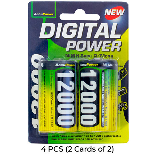4-Pack D AccuPower NiMH 12000mAh Battery (2 Cards of 2)