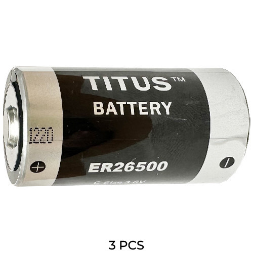 Side profile of Titus ER26500 lithium C batteries in 3-pack