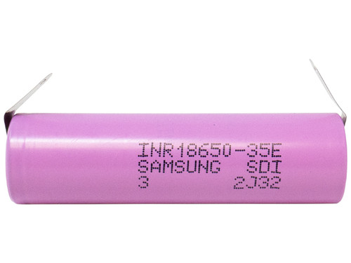 Side view of Samsung 35E Li-Ion 18650 battery with tabs