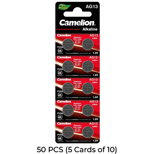 Camelion 50-pack AG13 LR44 alkaline button batteries in retail packaging
